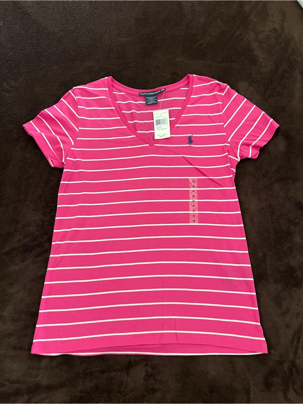 NWT Ralph Lauren Hot Pink Striped V-Neck Short Sleeve Tee - Picture 4 of 4